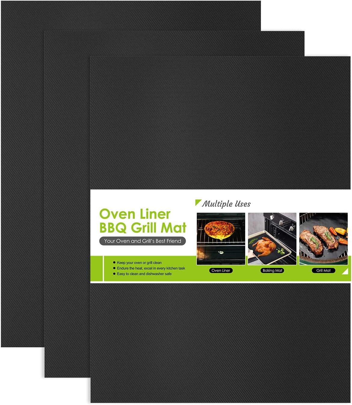 BBQ Grill Mat 32X50cm, Universal Oven Liners for Bottom of Fan Assisted Ovens, Reusable Non Stick Teflon Barbecue Mats for Baking on Gas, Charcoal, Oven & Electric Grills (Black, 3PCS)