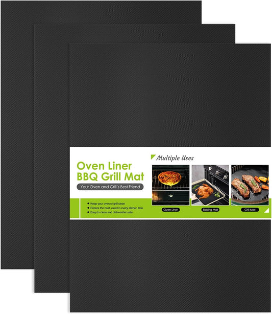 BBQ Grill Mat 32X50cm, Universal Oven Liners for Bottom of Fan Assisted Ovens, Reusable Non Stick Teflon Barbecue Mats for Baking on Gas, Charcoal, Oven & Electric Grills (Black, 3PCS)