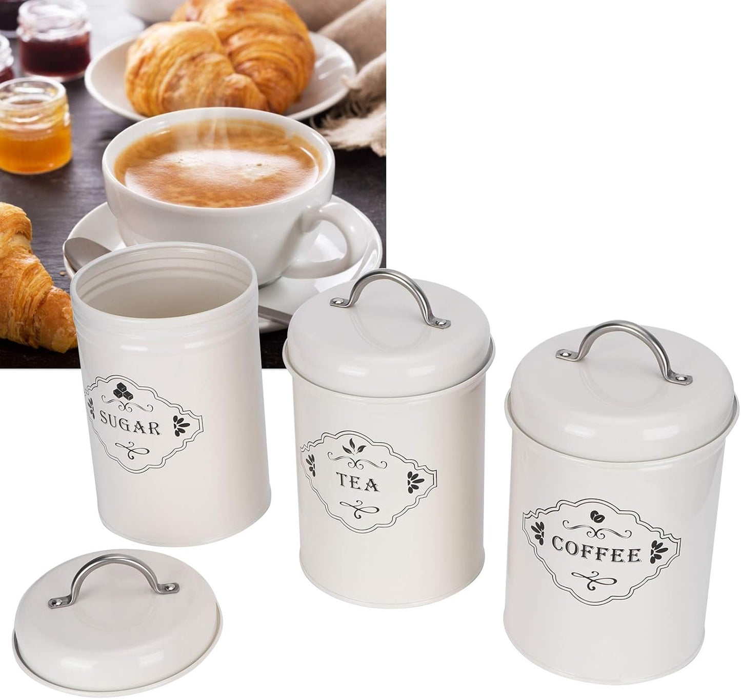 Kitchen Storage Jars Sealed Canisters Set for Tea Coffee Sugar Sealed Storage Container for Home Kitchen Organization Creamy White