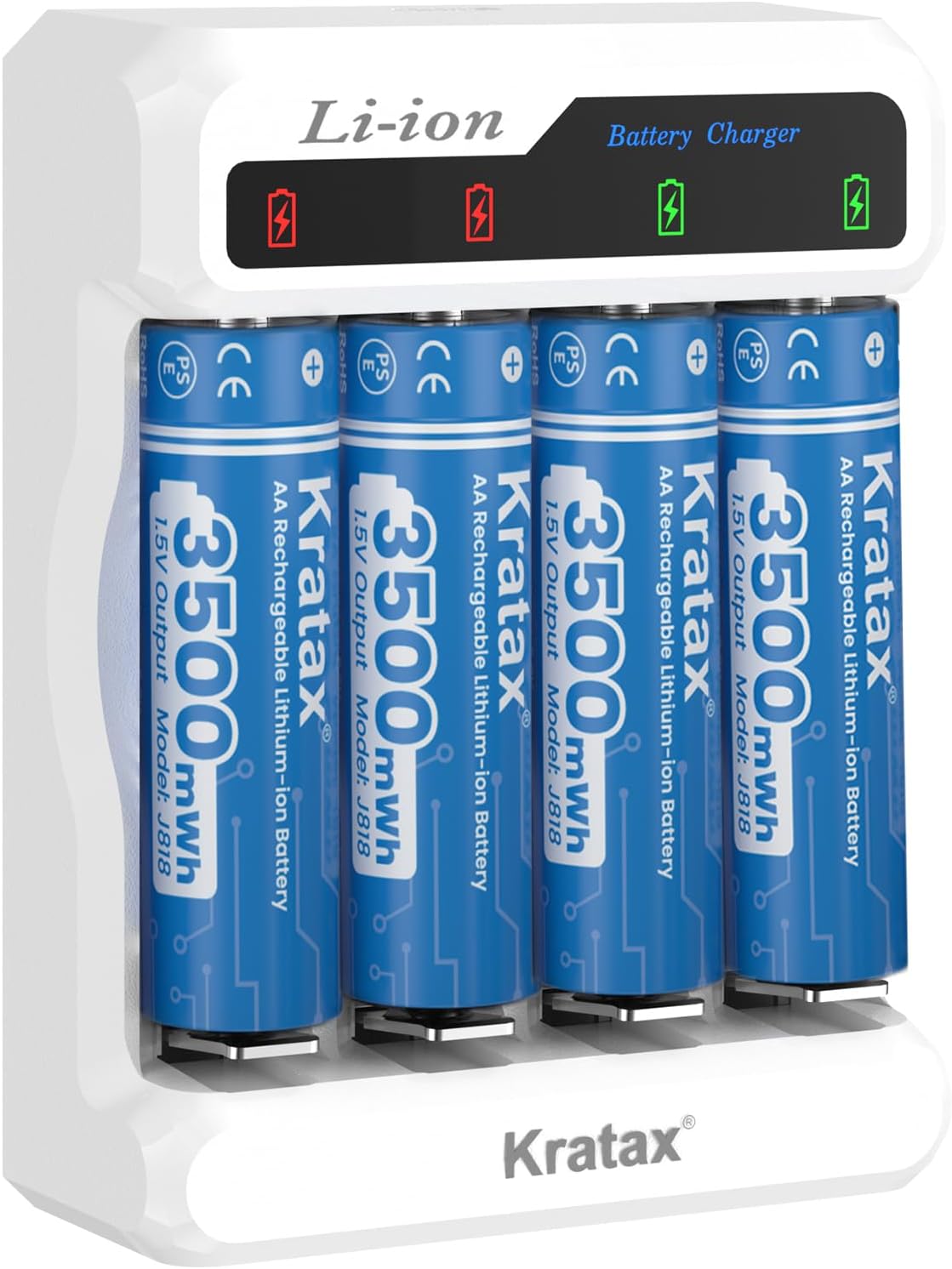 1.5V AA Rechargeable Lithium Batteries, 4Pack 3500mWh High Capacity Double AA Battery with Q039 Fast Charger,Constant Output for Household Device,1600Cycle,Max 3A Discharge (4AA+White Charger)