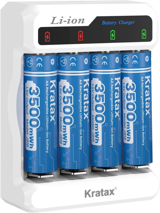1.5V AA Rechargeable Lithium Batteries, 4Pack 3500mWh High Capacity Double AA Battery with Q039 Fast Charger,Constant Output for Household Device,1600Cycle,Max 3A Discharge (4AA+White Charger)