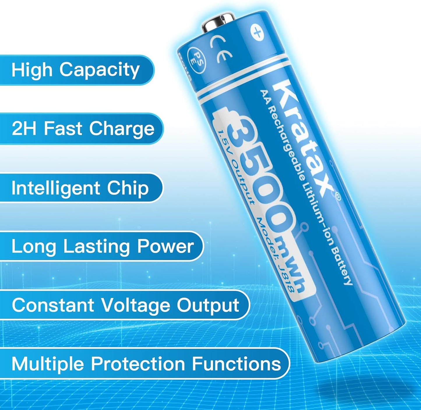 1.5V AA Rechargeable Lithium Batteries, 4Pack 3500mWh High Capacity Double AA Battery with Q039 Fast Charger,Constant Output for Household Device,1600Cycle,Max 3A Discharge (4AA+White Charger)