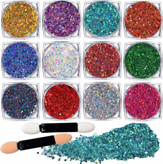 12Pcs Body & Hair Glitter Gel - Festival Sequins for Face, Body, Hair & Eye - 1MM/0.1MM