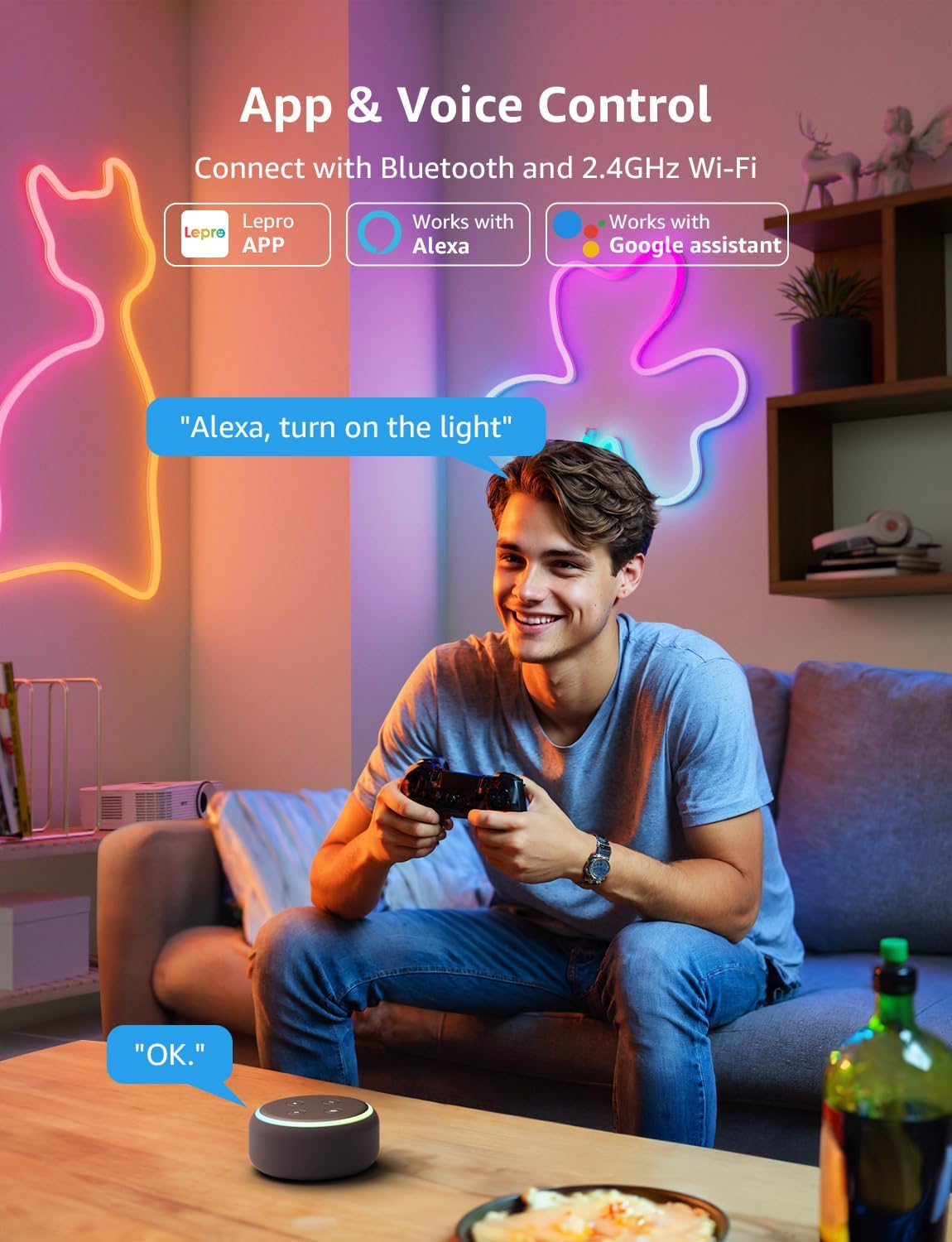 N1 AI Smart Neon Rope Light 3M RGB+IC, Works with Alexa & Google Assistant, Music Sync LED Lights for Bedroom, App Voice Control, Personalized AI Lighting Designer, IP65 Waterproof, No Remote [Energy Class A]