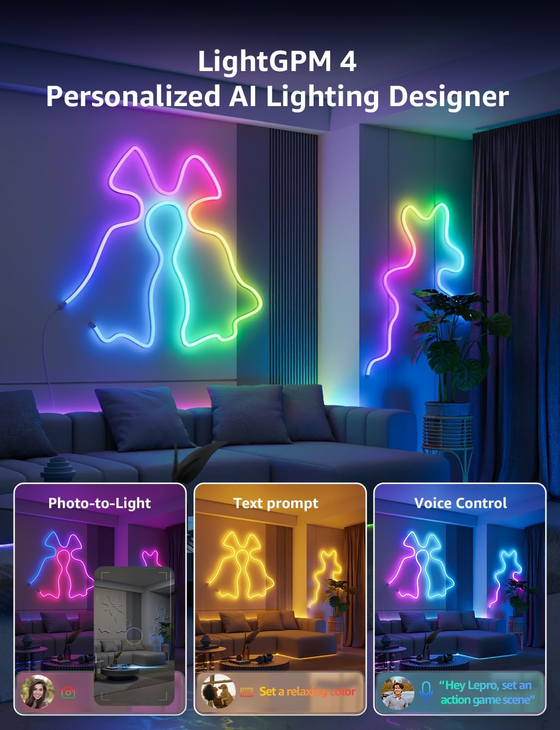 N1 AI Smart Neon Rope Light 3M RGB+IC, Works with Alexa & Google Assistant, Music Sync LED Lights for Bedroom, App Voice Control, Personalized AI Lighting Designer, IP65 Waterproof, No Remote [Energy Class A]