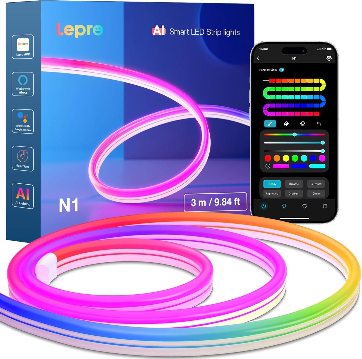 N1 AI Smart Neon Rope Light 3M RGB+IC, Works with Alexa & Google Assistant, Music Sync LED Lights for Bedroom, App Voice Control, Personalized AI Lighting Designer, IP65 Waterproof, No Remote [Energy Class A]