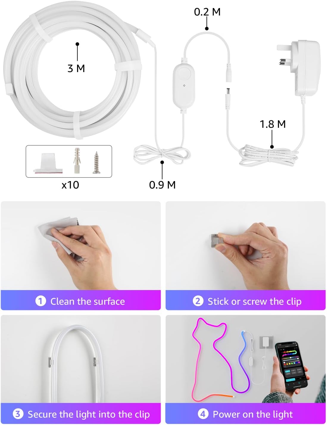 N1 AI Smart Neon Rope Light 3M RGB+IC, Works with Alexa & Google Assistant, Music Sync LED Lights for Bedroom, App Voice Control, Personalized AI Lighting Designer, IP65 Waterproof, No Remote [Energy Class A]