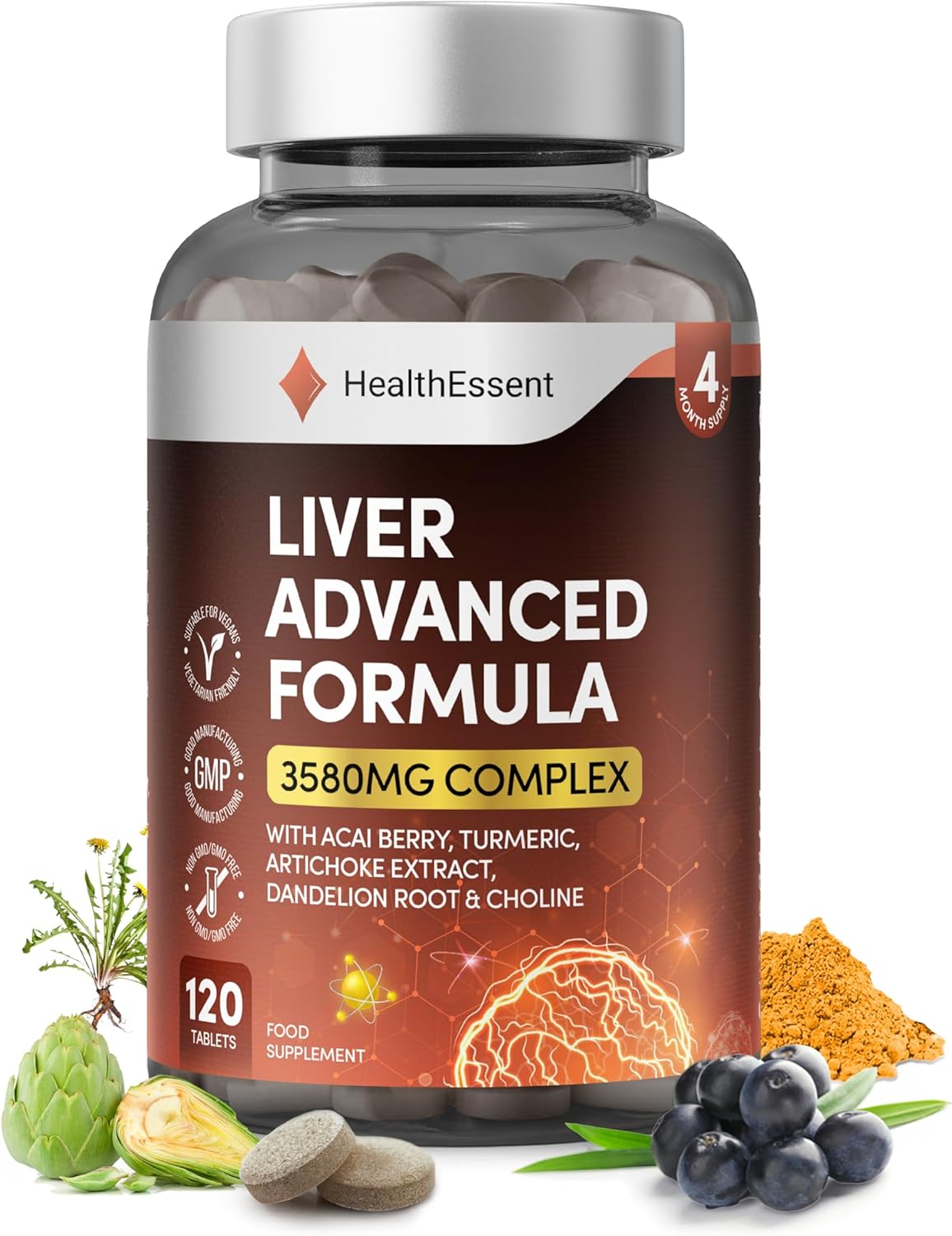Liver Detox Advanced Formula – 3580mg Complex for Liver Cleanse & Repair, with Acai, Artichoke, Choline, Dandelion Root & Turmeric Powder, (4 Month Supply) – 120 Vegan Tablets