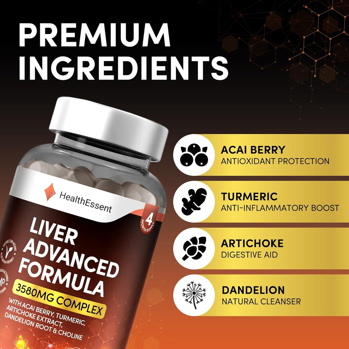 Liver Detox Advanced Formula – 3580mg Complex for Liver Cleanse & Repair, with Acai, Artichoke, Choline, Dandelion Root & Turmeric Powder, (4 Month Supply) – 120 Vegan Tablets