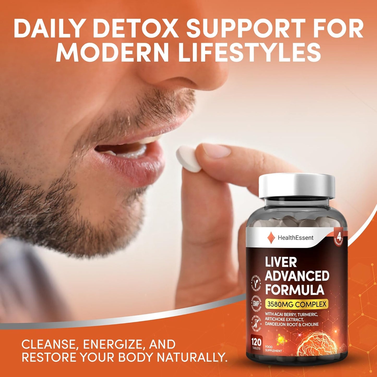 Liver Detox Advanced Formula – 3580mg Complex for Liver Cleanse & Repair, with Acai, Artichoke, Choline, Dandelion Root & Turmeric Powder, (4 Month Supply) – 120 Vegan Tablets