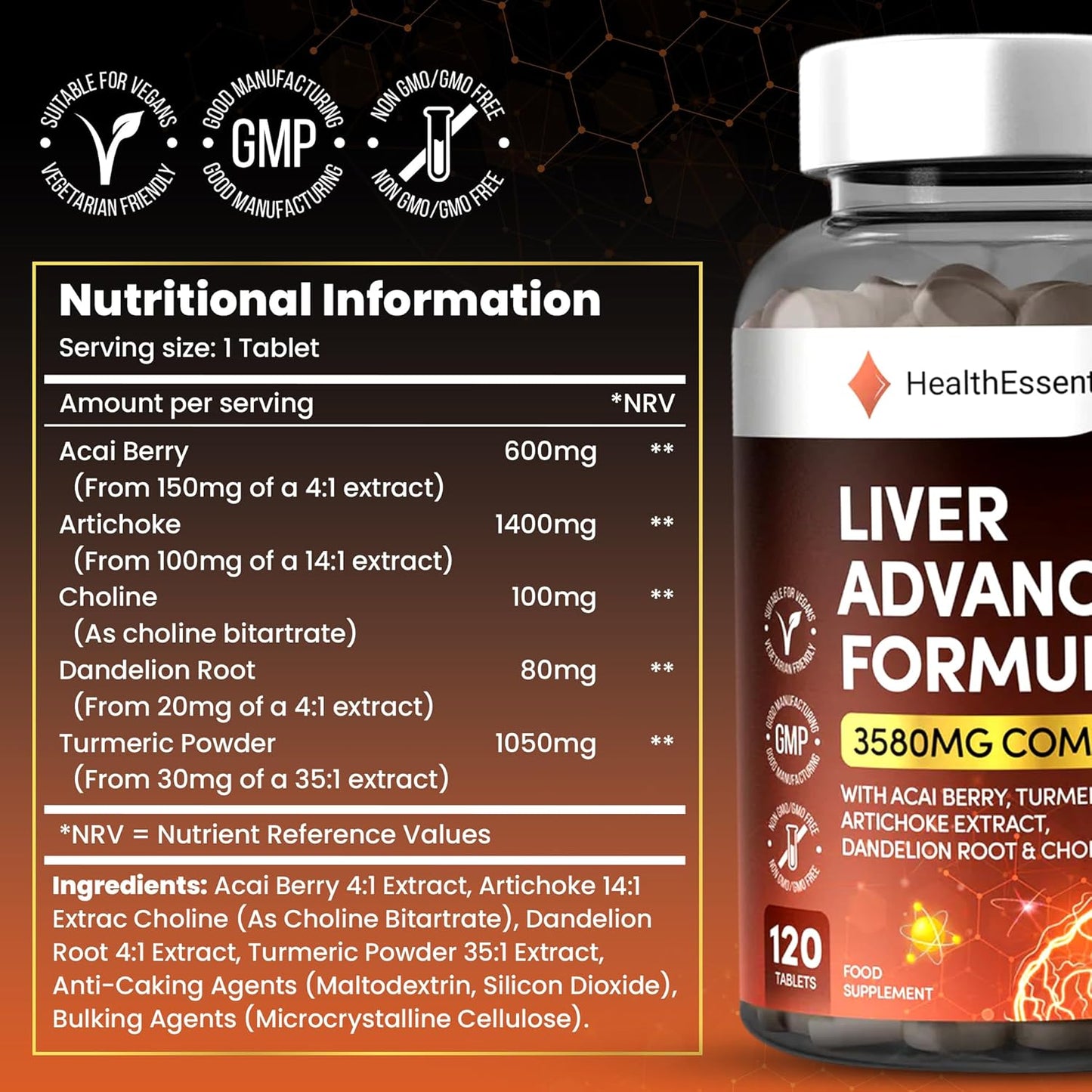 Liver Detox Advanced Formula – 3580mg Complex for Liver Cleanse & Repair, with Acai, Artichoke, Choline, Dandelion Root & Turmeric Powder, (4 Month Supply) – 120 Vegan Tablets