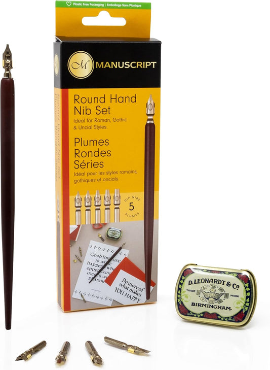 Leonardt Round Hand Calligraphy Set - 1x Wooden Dip Pen, 5x Varying, Expertly Crafted Nibs & Vintage Nib Tin, Traditional Calligraphy Pen Set for Beginners & Advanced Users