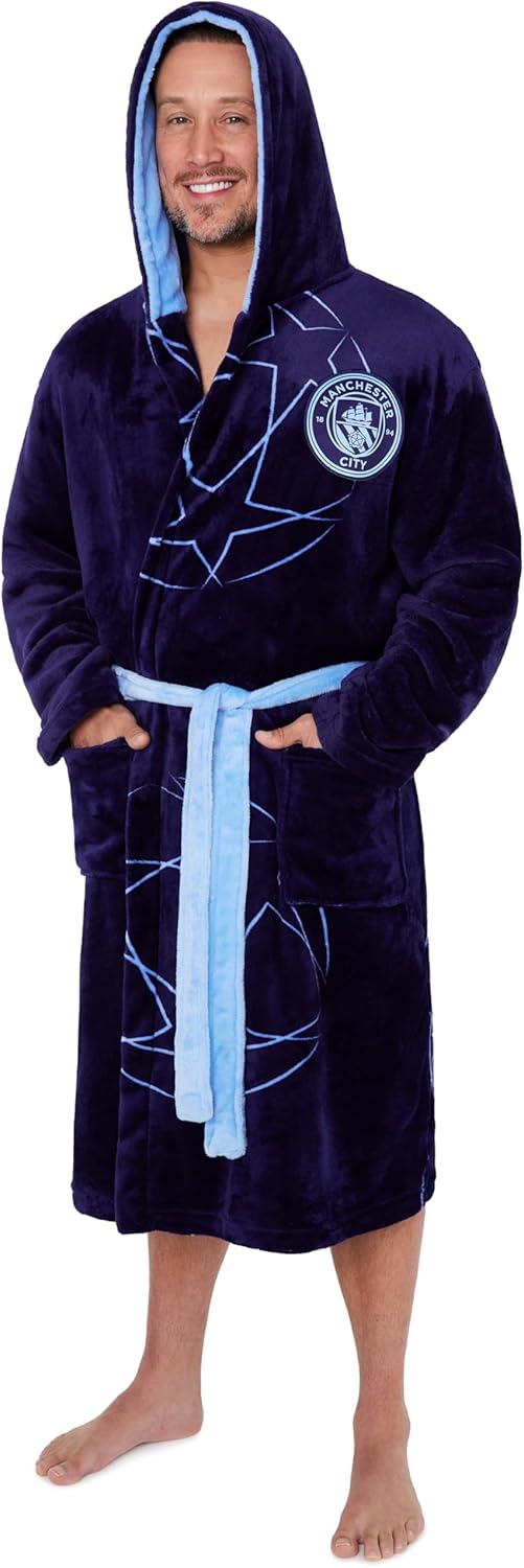 XL Manchester City FC Dressing Gown for Men & Teens, Soft Fleece Hooded Robe, Champions League Football Loungewear, Gifts for Him