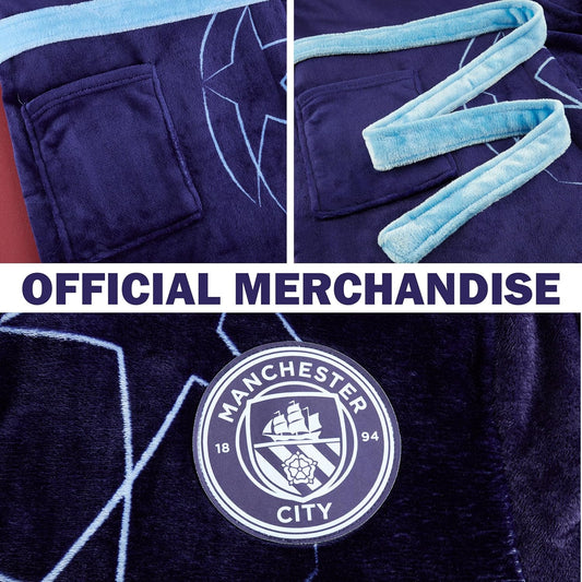 XL Manchester City FC Dressing Gown for Men & Teens, Soft Fleece Hooded Robe, Champions League Football Loungewear, Gifts for Him