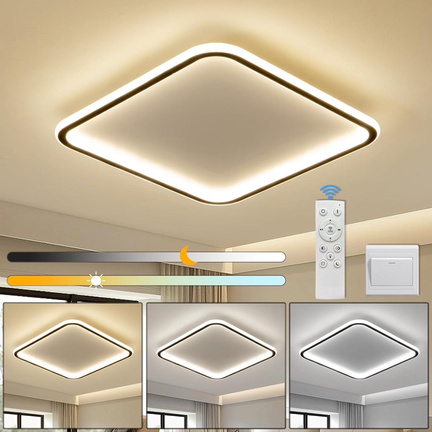40CM LED Square Ceiling Lighting, 3000K/4500K/6500K Dimmable Ceiling Light Adjustable 3 Color Temperature Black Bathroom Light with Remote for Living Room, Hallway, Stairwells [Energy Class A]
