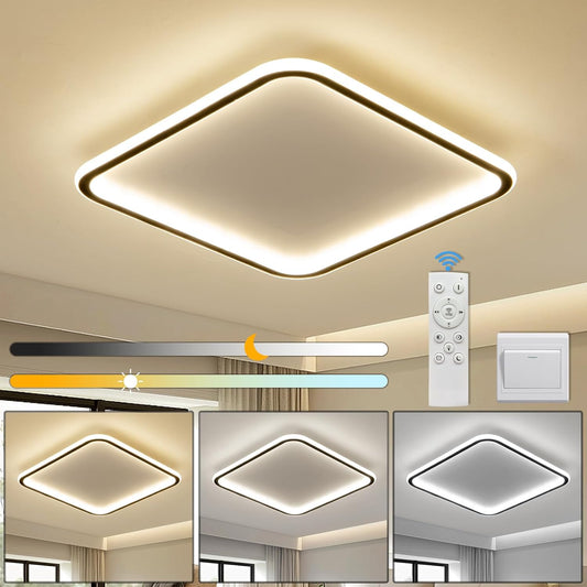 40CM LED Square Ceiling Lighting, 3000K/4500K/6500K Dimmable Ceiling Light Adjustable 3 Color Temperature Black Bathroom Light with Remote for Living Room, Hallway, Stairwells [Energy Class A]