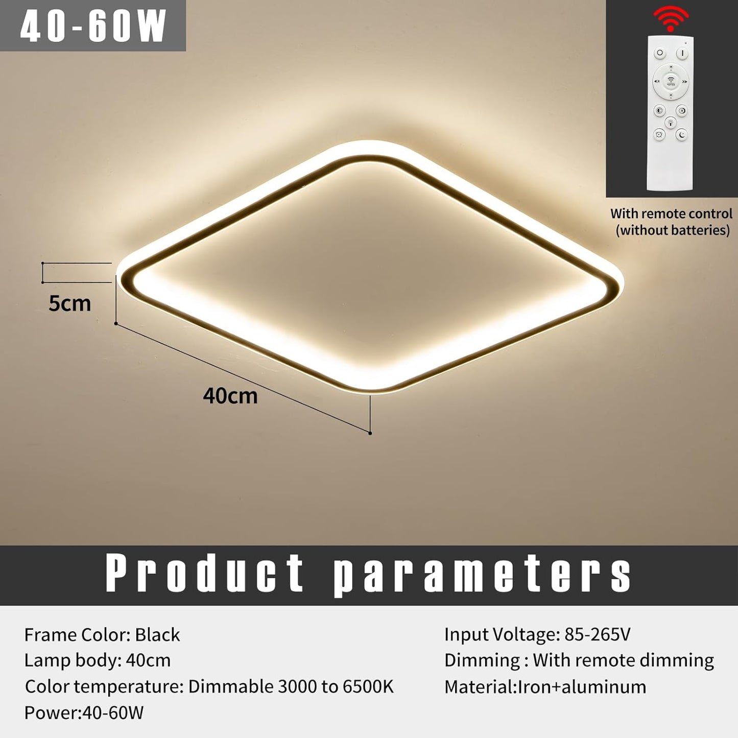 40CM LED Square Ceiling Lighting, 3000K/4500K/6500K Dimmable Ceiling Light Adjustable 3 Color Temperature Black Bathroom Light with Remote for Living Room, Hallway, Stairwells [Energy Class A]