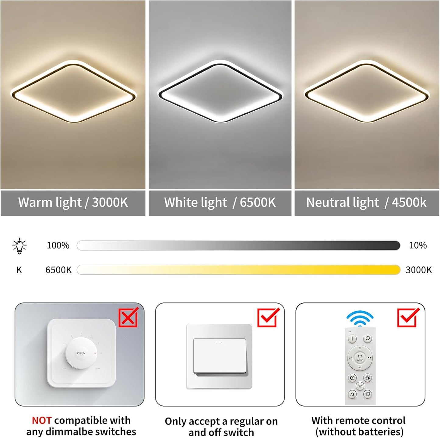 40CM LED Square Ceiling Lighting, 3000K/4500K/6500K Dimmable Ceiling Light Adjustable 3 Color Temperature Black Bathroom Light with Remote for Living Room, Hallway, Stairwells [Energy Class A]
