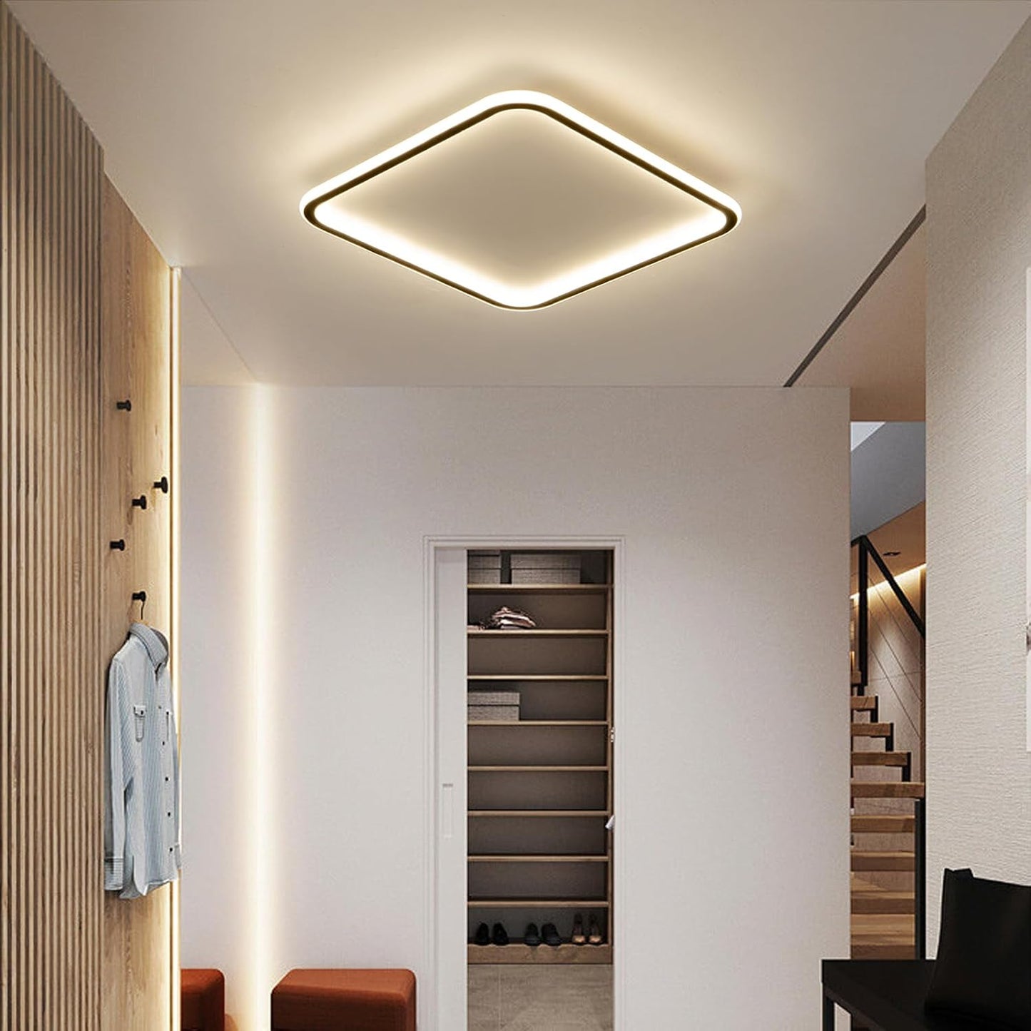 40CM LED Square Ceiling Lighting, 3000K/4500K/6500K Dimmable Ceiling Light Adjustable 3 Color Temperature Black Bathroom Light with Remote for Living Room, Hallway, Stairwells [Energy Class A]