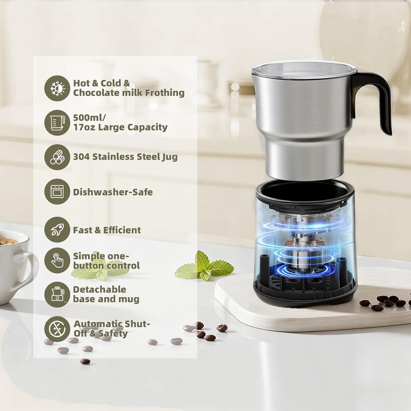 500ml Split Electric Milk Frother, Automatic Milk Steamer and Frother with 4 Various Whisk Accessories, Hot & Cold Milk Foam Maker for Coffee, Cappuccinos, Macchiato, Latte, Hot Chocolates Milk