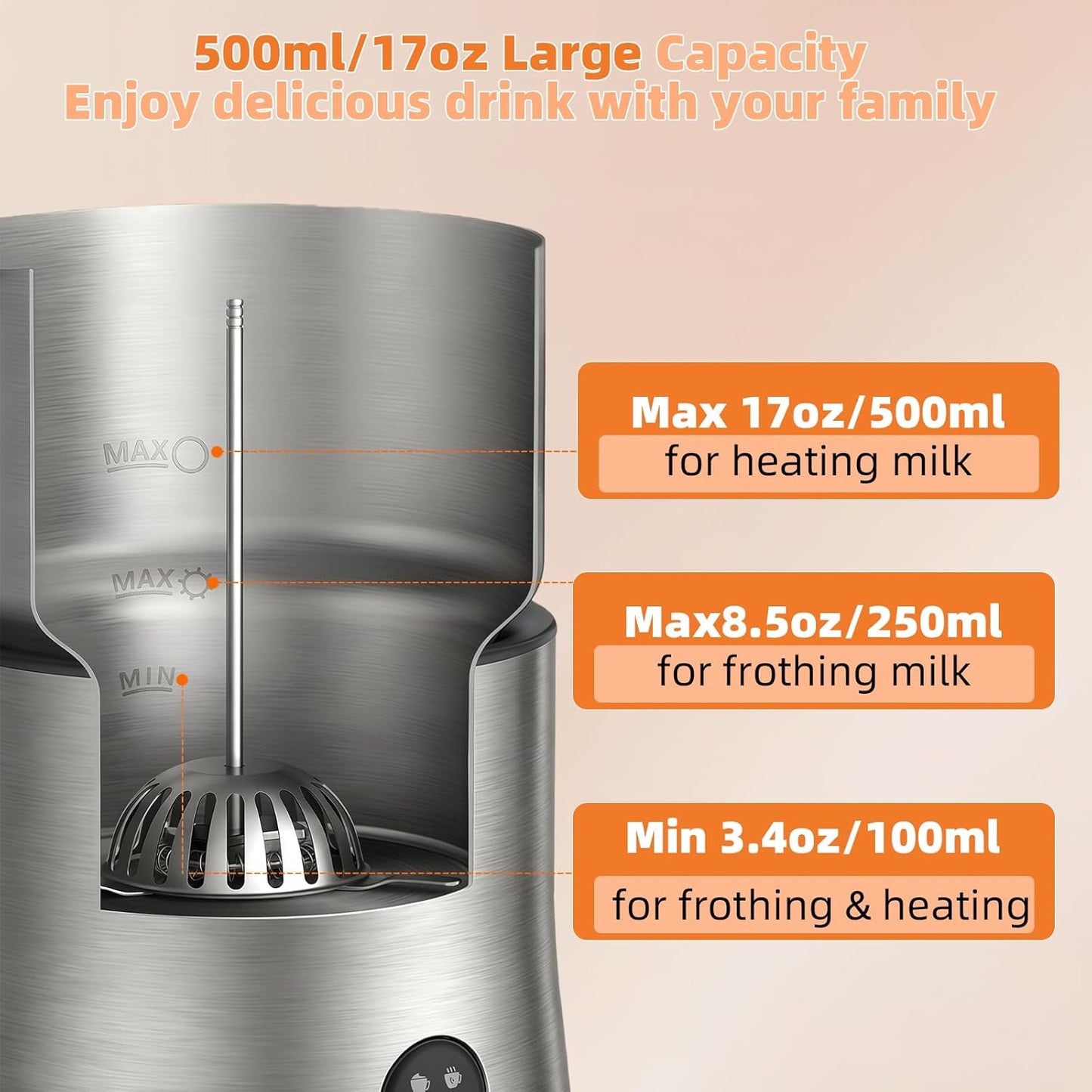 500ml Split Electric Milk Frother, Automatic Milk Steamer and Frother with 4 Various Whisk Accessories, Hot & Cold Milk Foam Maker for Coffee, Cappuccinos, Macchiato, Latte, Hot Chocolates Milk