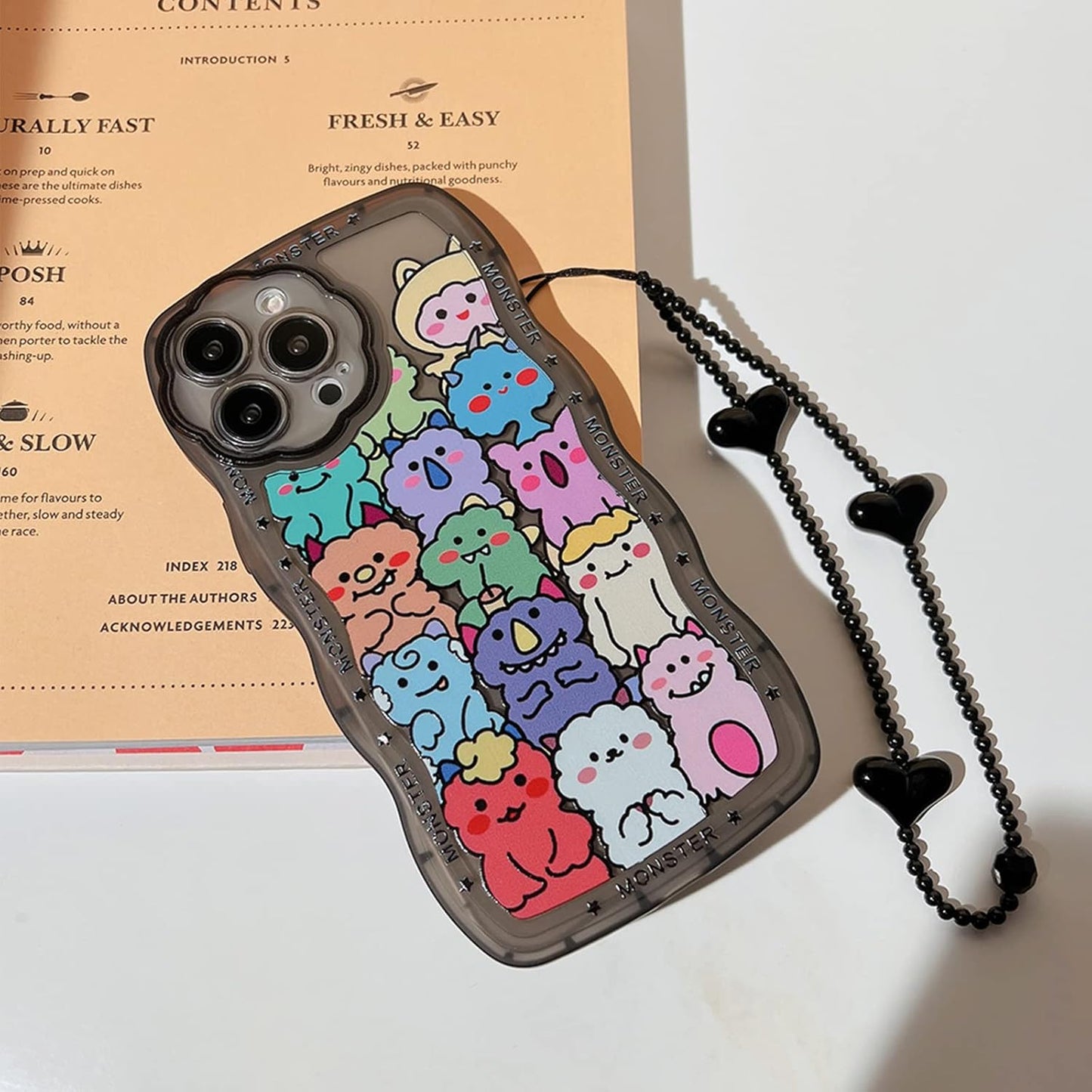 Compatible for iPhone 15 Pro Max Case Cute Clear Cartoon Bear Animal with Heart Beaded Lanyard Wrist Strap for Women Girly Soft TPU Full Protective Cover for iPhone 15 Pro Max - Monster