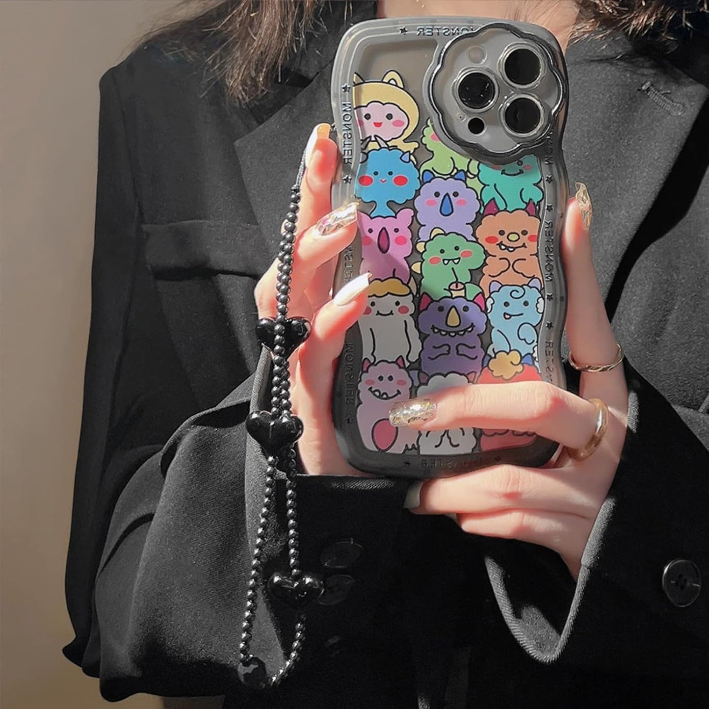 Compatible for iPhone 15 Pro Max Case Cute Clear Cartoon Bear Animal with Heart Beaded Lanyard Wrist Strap for Women Girly Soft TPU Full Protective Cover for iPhone 15 Pro Max - Monster