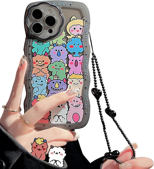 Compatible for iPhone 15 Pro Max Case Cute Clear Cartoon Bear Animal with Heart Beaded Lanyard Wrist Strap for Women Girly Soft TPU Full Protective Cover for iPhone 15 Pro Max - Monster