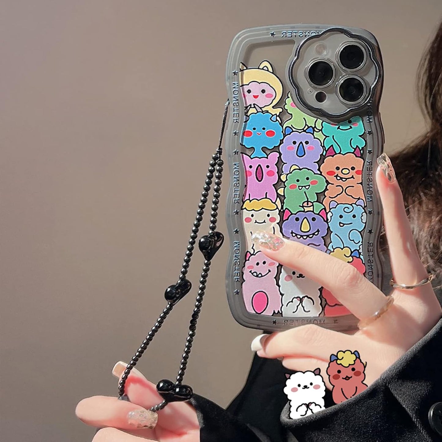 Compatible for iPhone 15 Pro Max Case Cute Clear Cartoon Bear Animal with Heart Beaded Lanyard Wrist Strap for Women Girly Soft TPU Full Protective Cover for iPhone 15 Pro Max - Monster