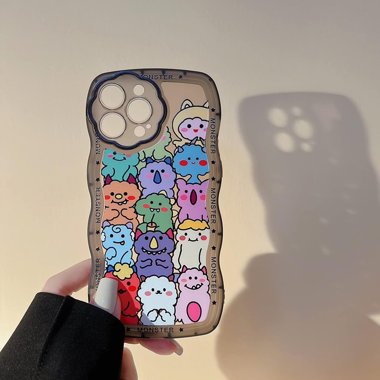 Compatible for iPhone 15 Pro Max Case Cute Clear Cartoon Bear Animal with Heart Beaded Lanyard Wrist Strap for Women Girly Soft TPU Full Protective Cover for iPhone 15 Pro Max - Monster