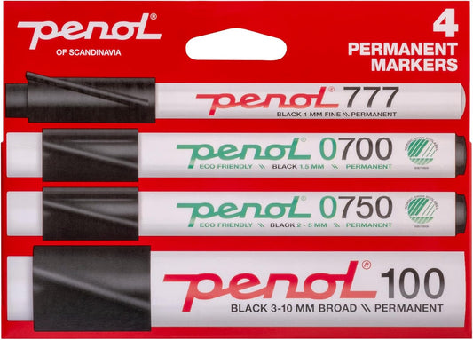 PENOL Black Permanent Marker Pens, 4 Pack with Multiple Tips, Quick Dry, Fade Resistant Ink Based on Alcohol