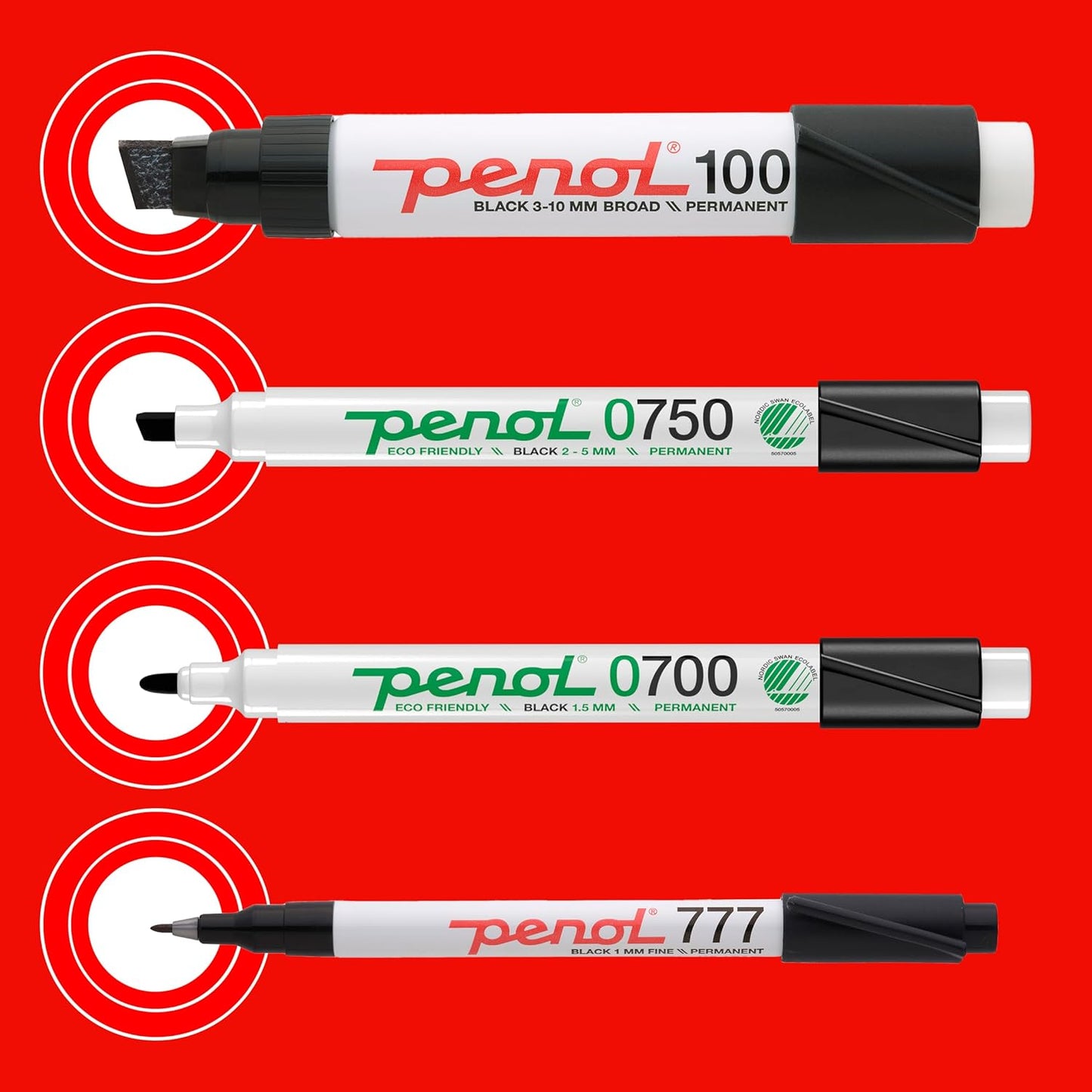 PENOL Black Permanent Marker Pens, 4 Pack with Multiple Tips, Quick Dry, Fade Resistant Ink Based on Alcohol