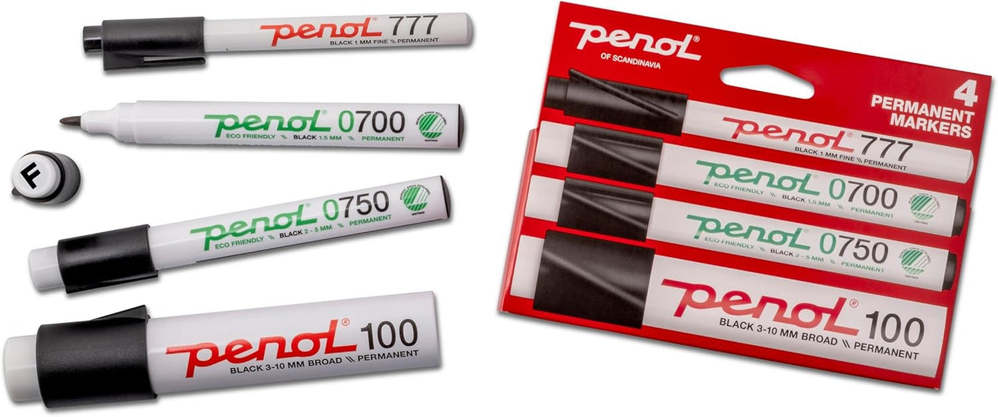 PENOL Black Permanent Marker Pens, 4 Pack with Multiple Tips, Quick Dry, Fade Resistant Ink Based on Alcohol