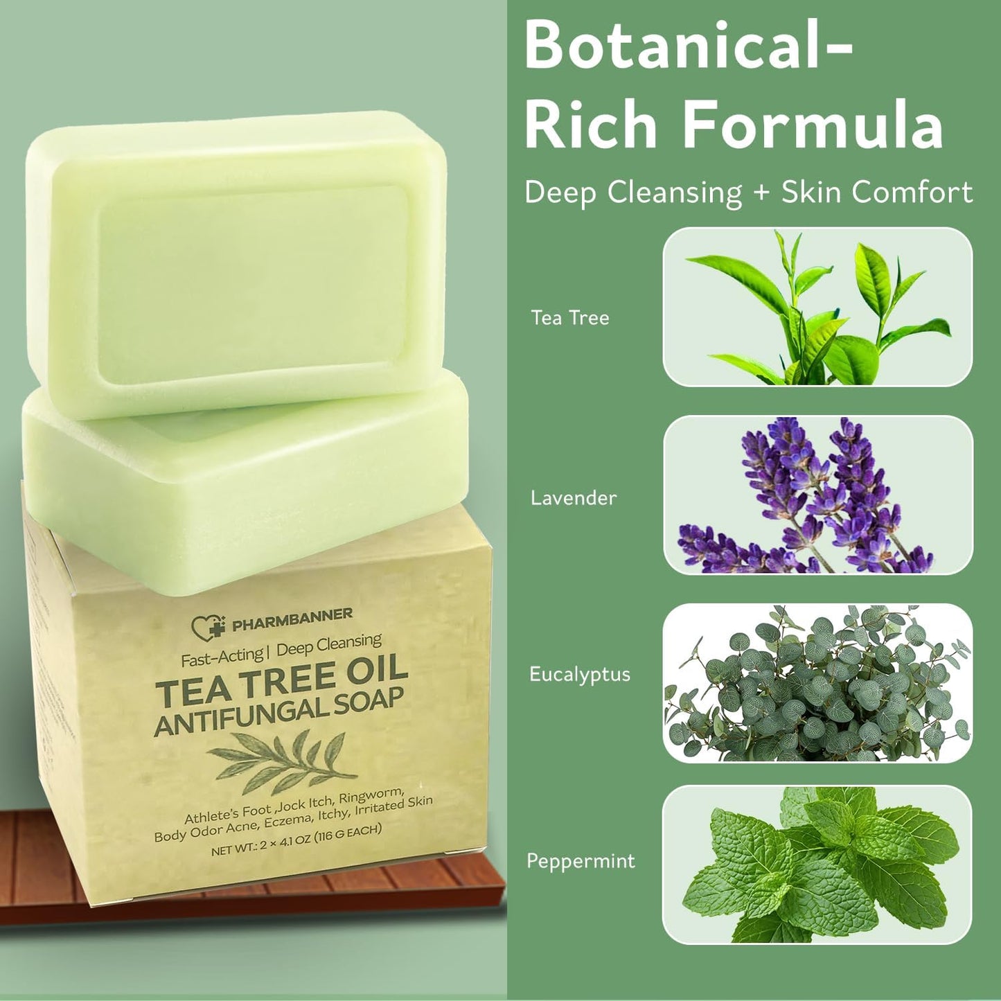 Tea Tree Soap Bar – Deep Cleansing Botanical Bar with Tea Tree, Eucalyptus & Lavender Oils – Gently Soothes Skin Prone to Discomfort, Odour, or Dryness – 2 x 116g