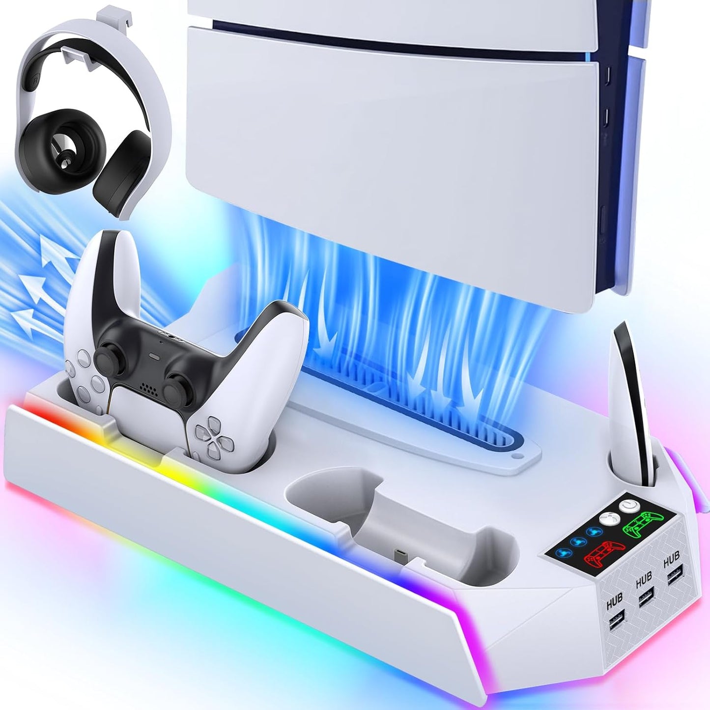 PS5/Slim/Pro Cooling Station Stand RGB with Dual Controller Charging Station for PlayStation 5 Console, PS5 Accessories Incl. Controller Charger, Cooling Fan, Headset Holder, 3 USB Hub- White