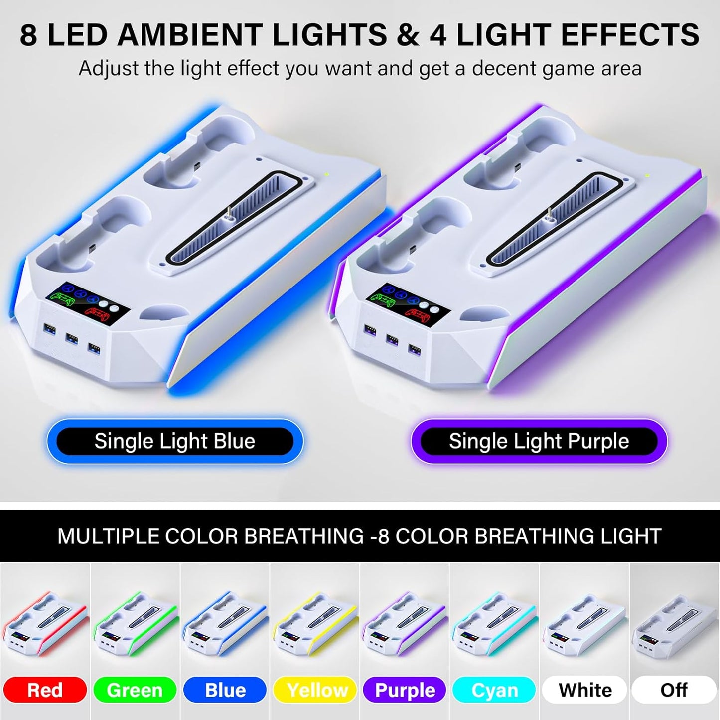 PS5/Slim/Pro Cooling Station Stand RGB with Dual Controller Charging Station for PlayStation 5 Console, PS5 Accessories Incl. Controller Charger, Cooling Fan, Headset Holder, 3 USB Hub- White