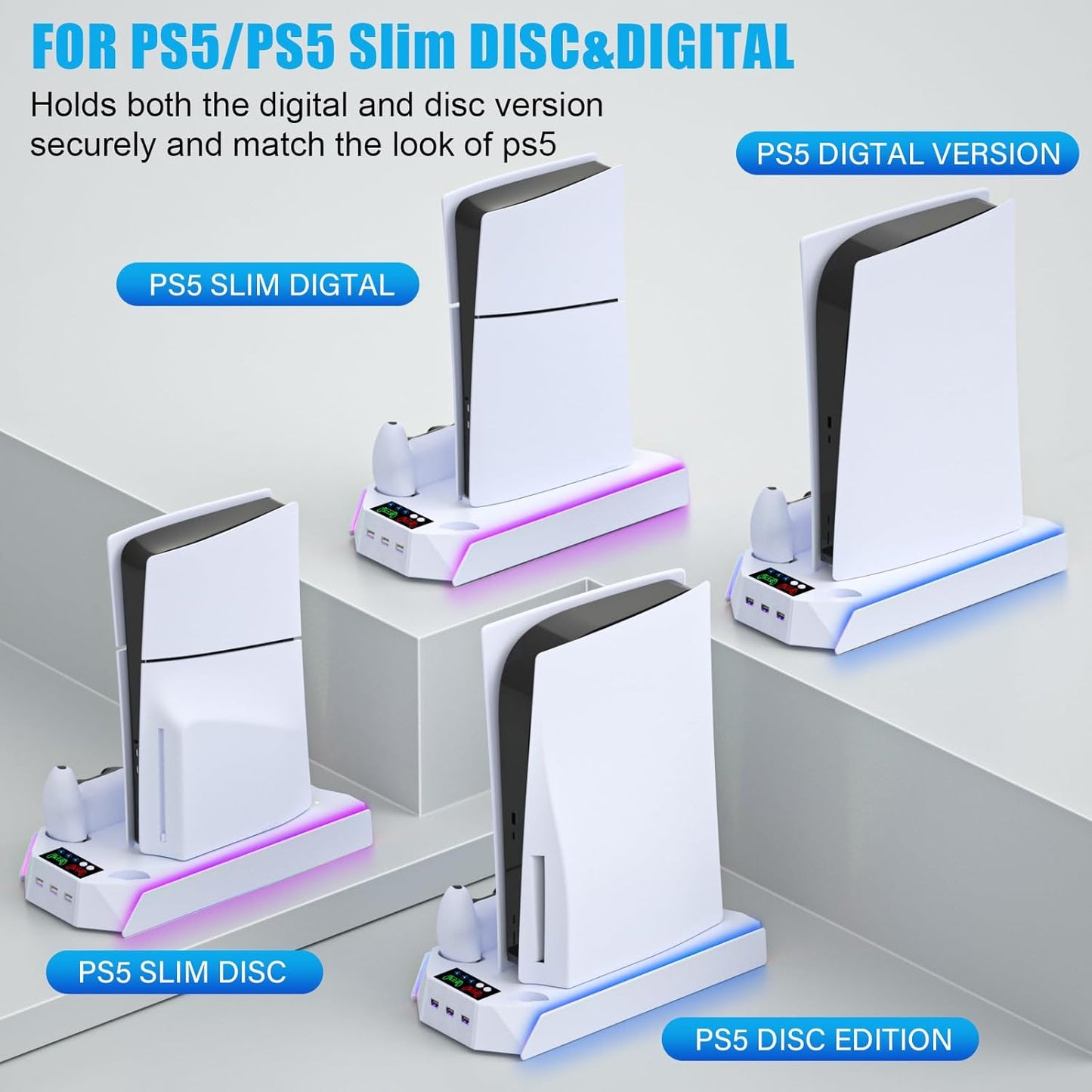 PS5/Slim/Pro Cooling Station Stand RGB with Dual Controller Charging Station for PlayStation 5 Console, PS5 Accessories Incl. Controller Charger, Cooling Fan, Headset Holder, 3 USB Hub- White