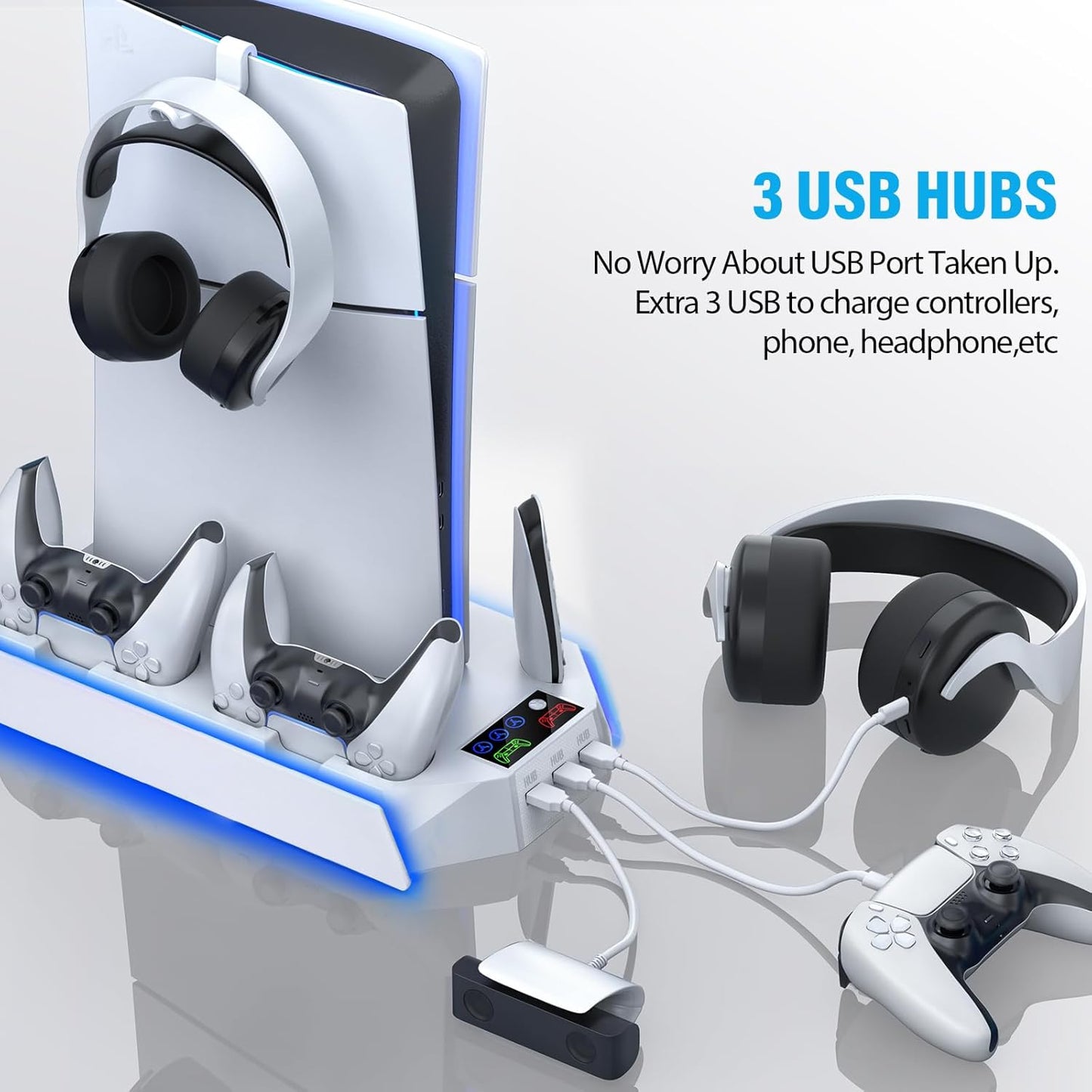 PS5/Slim/Pro Cooling Station Stand RGB with Dual Controller Charging Station for PlayStation 5 Console, PS5 Accessories Incl. Controller Charger, Cooling Fan, Headset Holder, 3 USB Hub- White