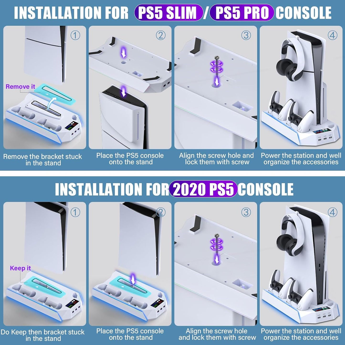 PS5/Slim/Pro Cooling Station Stand RGB with Dual Controller Charging Station for PlayStation 5 Console, PS5 Accessories Incl. Controller Charger, Cooling Fan, Headset Holder, 3 USB Hub- White