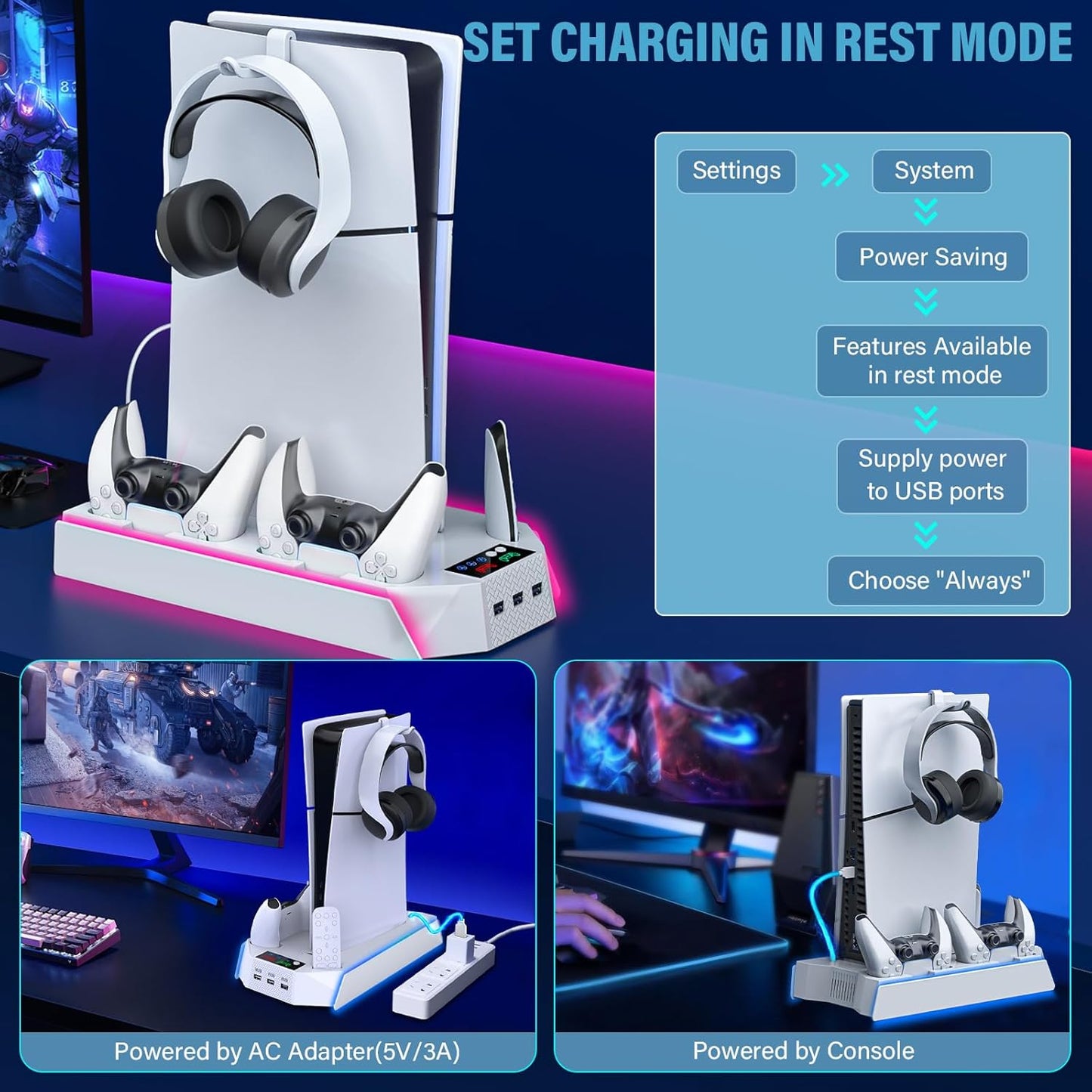 PS5/Slim/Pro Cooling Station Stand RGB with Dual Controller Charging Station for PlayStation 5 Console, PS5 Accessories Incl. Controller Charger, Cooling Fan, Headset Holder, 3 USB Hub- White