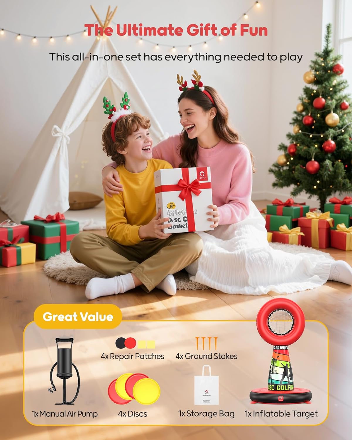 Inflatable Disc Golf Set for Kids & Family Fun, Complete Outdoor Yard Games Set With Target Basket, 4 Flying Discs & Pump, Ideal Teen Boy Gifts & Party Games - Backyard Games for Kids and Adults