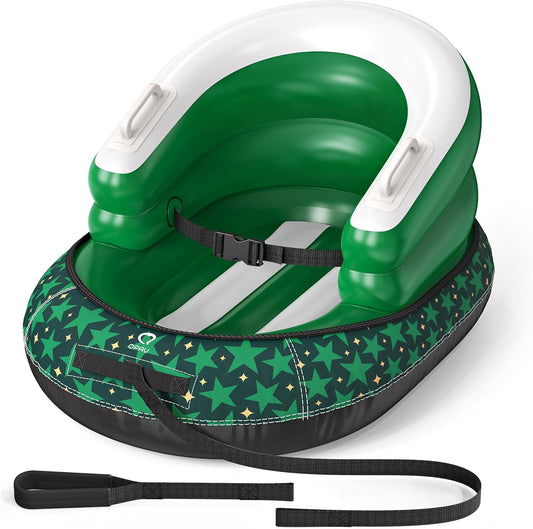 Inflatable Toddler Snow Sled with Canvas Cover, Tow Strap & Handles, Baby Winter Air Sled with Three-Sided Protection, Kids Snow Tube for Skiing & Sledding