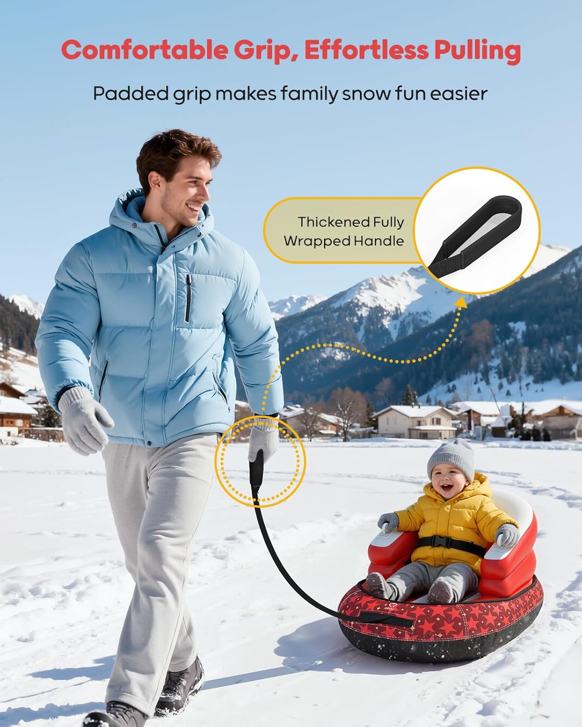 Inflatable Toddler Snow Sled with Canvas Cover, Tow Strap & Handles, Baby Winter Air Sled with Three-Sided Protection, Kids Snow Tube for Skiing & Sledding