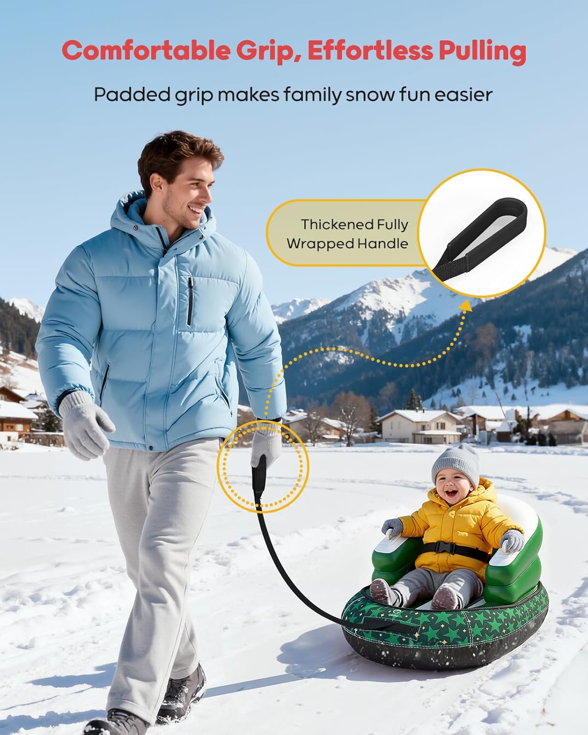 Inflatable Toddler Snow Sled with Canvas Cover, Tow Strap & Handles, Baby Winter Air Sled with Three-Sided Protection, Kids Snow Tube for Skiing & Sledding