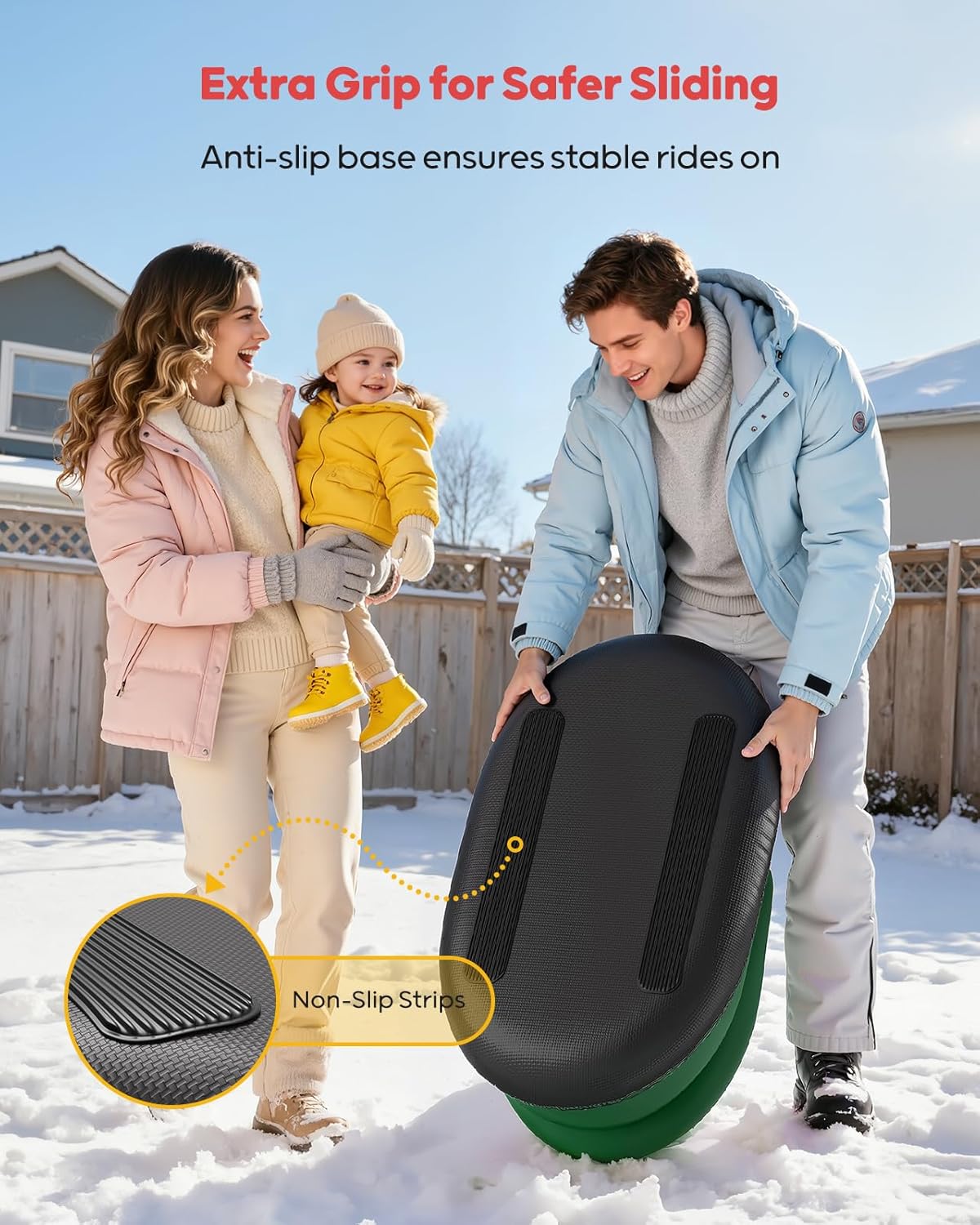 Inflatable Toddler Snow Sled with Canvas Cover, Tow Strap & Handles, Baby Winter Air Sled with Three-Sided Protection, Kids Snow Tube for Skiing & Sledding