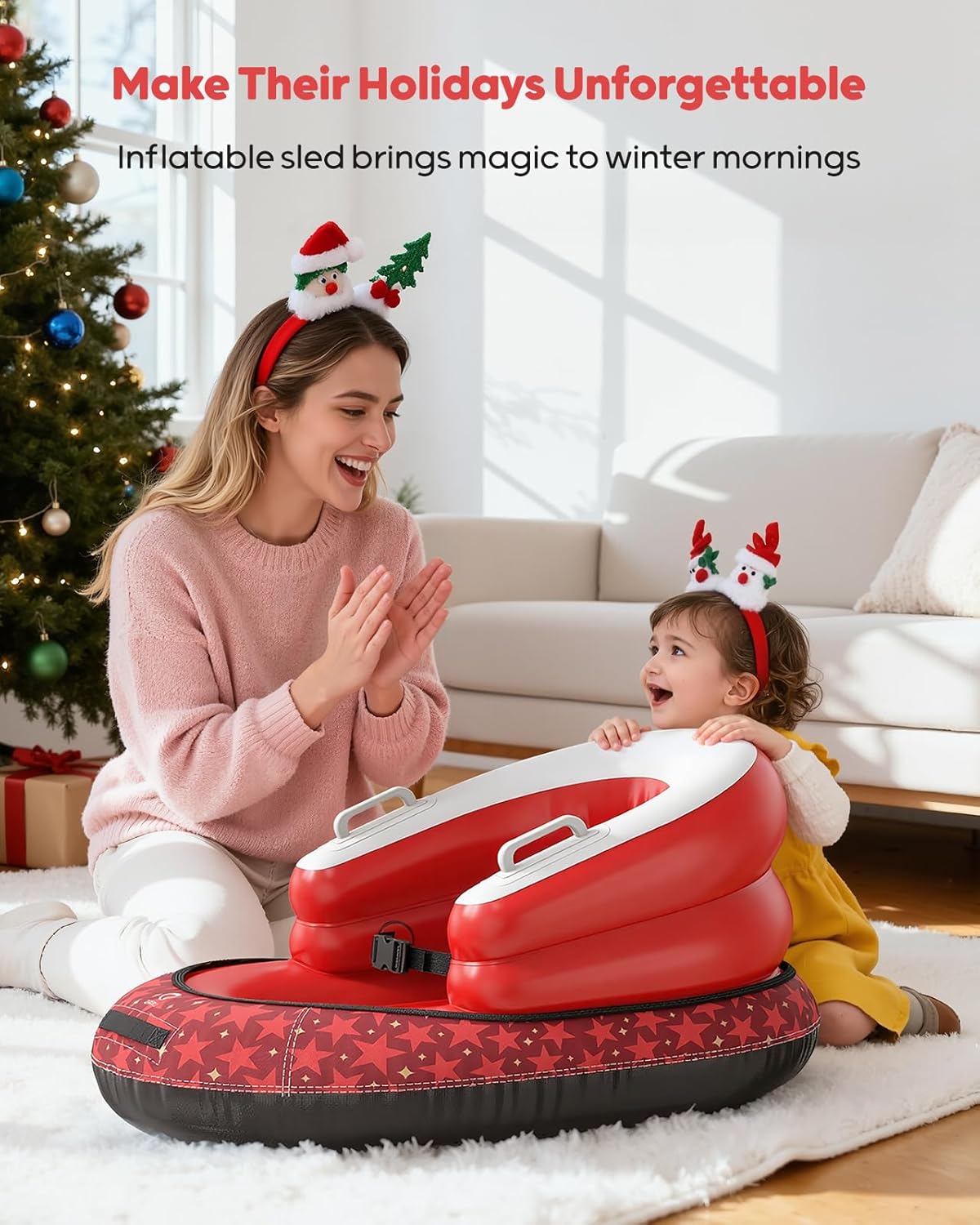 Inflatable Toddler Snow Sled with Canvas Cover, Tow Strap & Handles, Baby Winter Air Sled with Three-Sided Protection, Kids Snow Tube for Skiing & Sledding