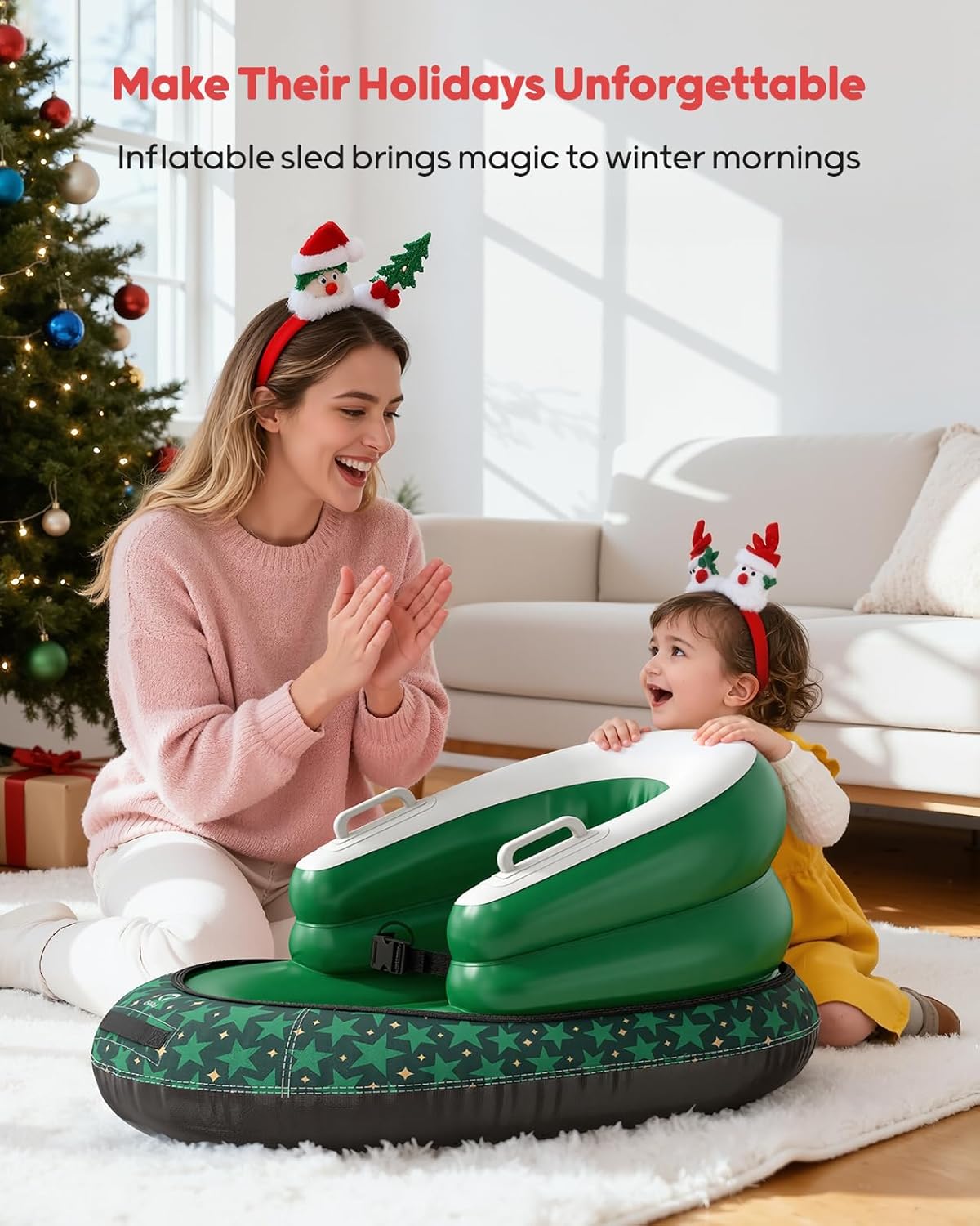 Inflatable Toddler Snow Sled with Canvas Cover, Tow Strap & Handles, Baby Winter Air Sled with Three-Sided Protection, Kids Snow Tube for Skiing & Sledding