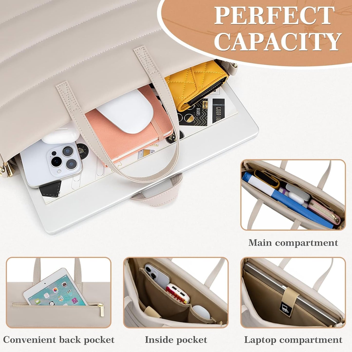 13-14 Inch Ladies Laptop Bag Briefcase for Macbook Notebook Chromebook, Elegant Case for Work Office Business University, Handbag with Laptop Compartment, Light Khaki