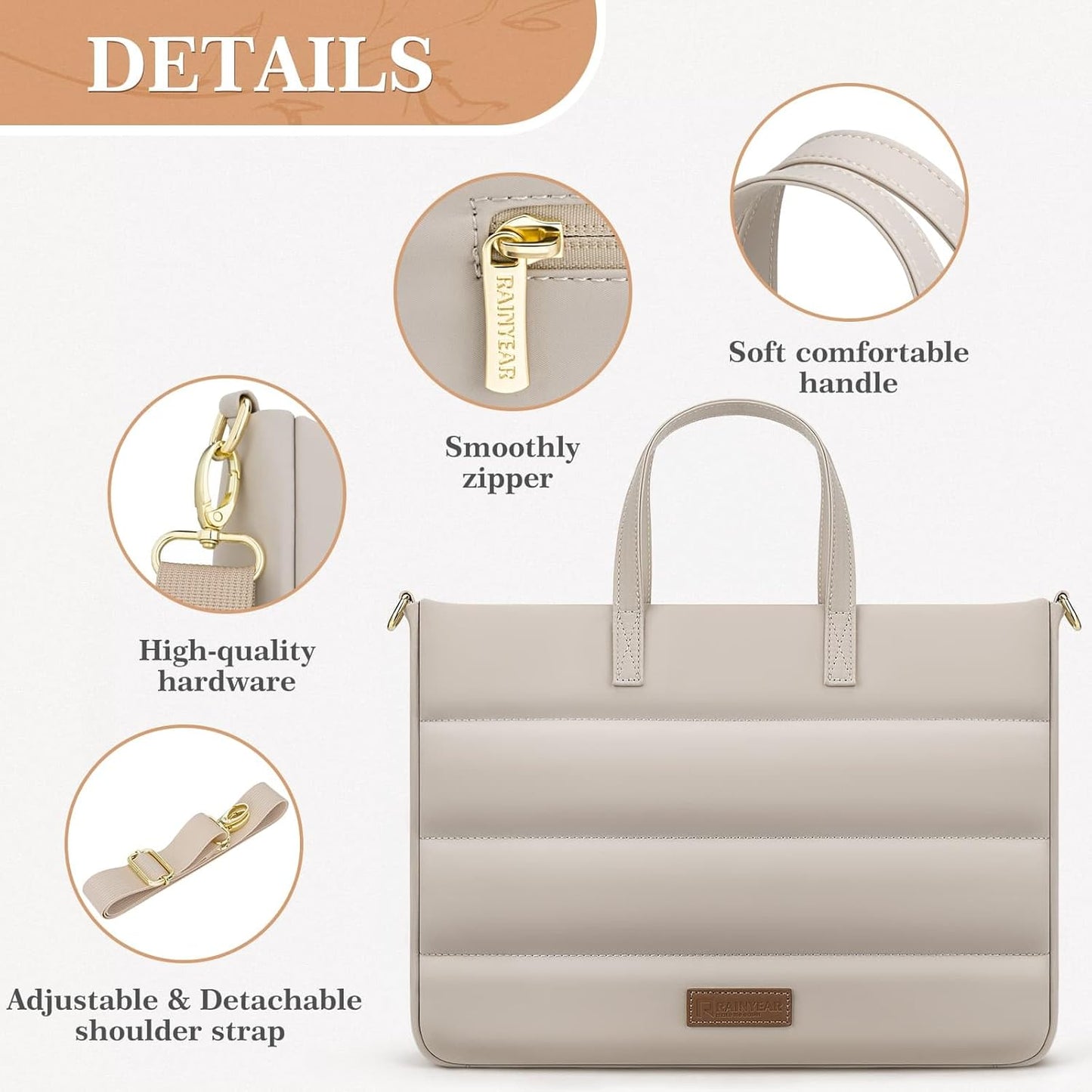 13-14 Inch Ladies Laptop Bag Briefcase for Macbook Notebook Chromebook, Elegant Case for Work Office Business University, Handbag with Laptop Compartment, Light Khaki