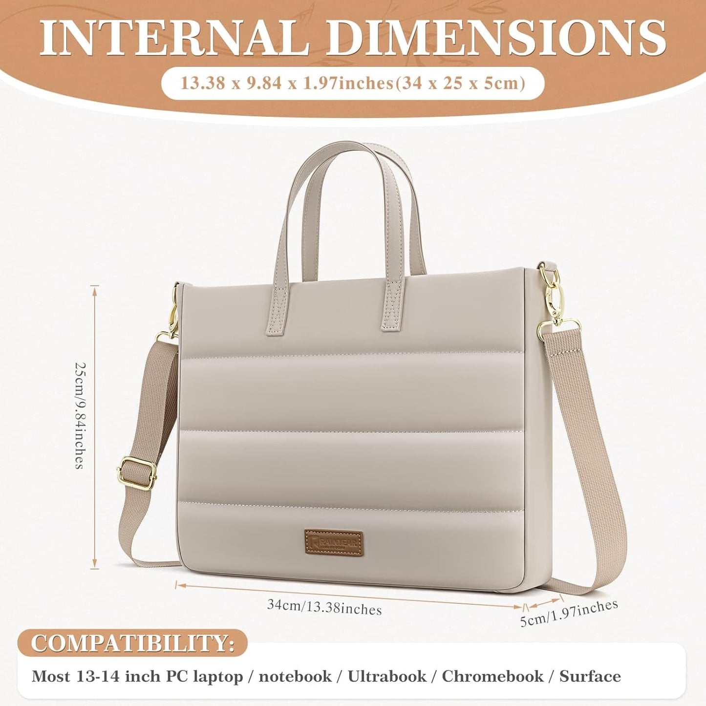 13-14 Inch Ladies Laptop Bag Briefcase for Macbook Notebook Chromebook, Elegant Case for Work Office Business University, Handbag with Laptop Compartment, Light Khaki